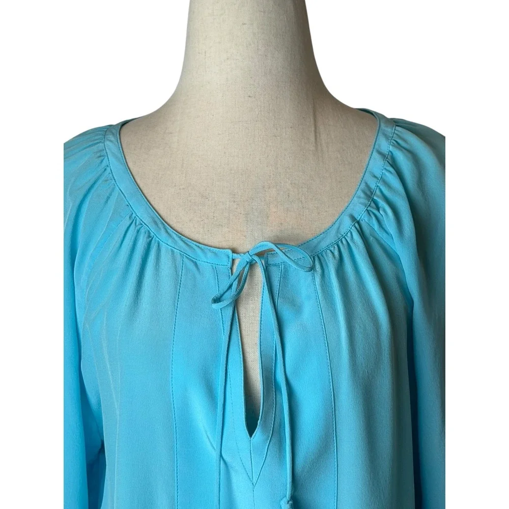 Tyler Boe Silk Tunic Top Women Medium Blue Tassel Tie Long Sleeve Blouse Preppy - Picture 4 of 12
